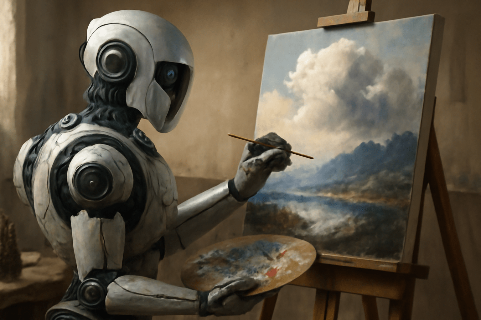 AI robot creating a realistic painting, showcasing how Video Diffusion Models work